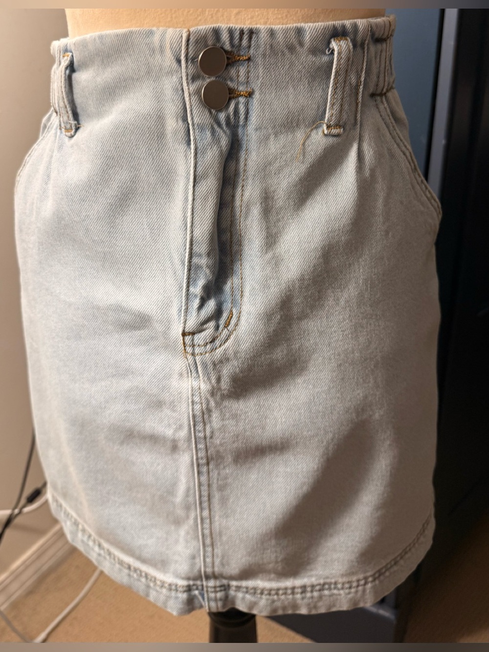 Altar'd State Light Blue High Waist Denim Skirt with Gold Stitching